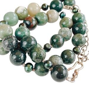 VTG Moss Agate and Peacock Pearl Beaded Artisan Necklace Y2K Natural Stone
